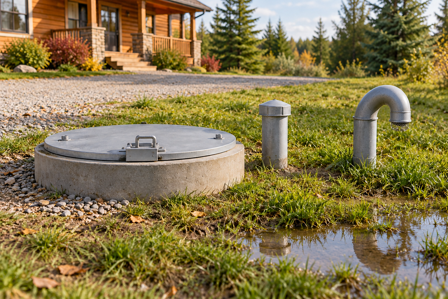 A closed broad cover, capped narrow point and separate downturned screened vent stand beside grass, gravel and visible surface ponding in a fictional exterior view. No underground part is exposed.