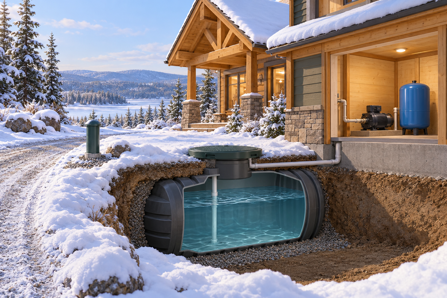 A conceptual winter cutaway shows bulk water in a cistern, a closed cover, an exterior capped landmark and a snowy approach. A separate house-side pump and small blue pressure tank are visible; the white piping does not demonstrate a complete connection.