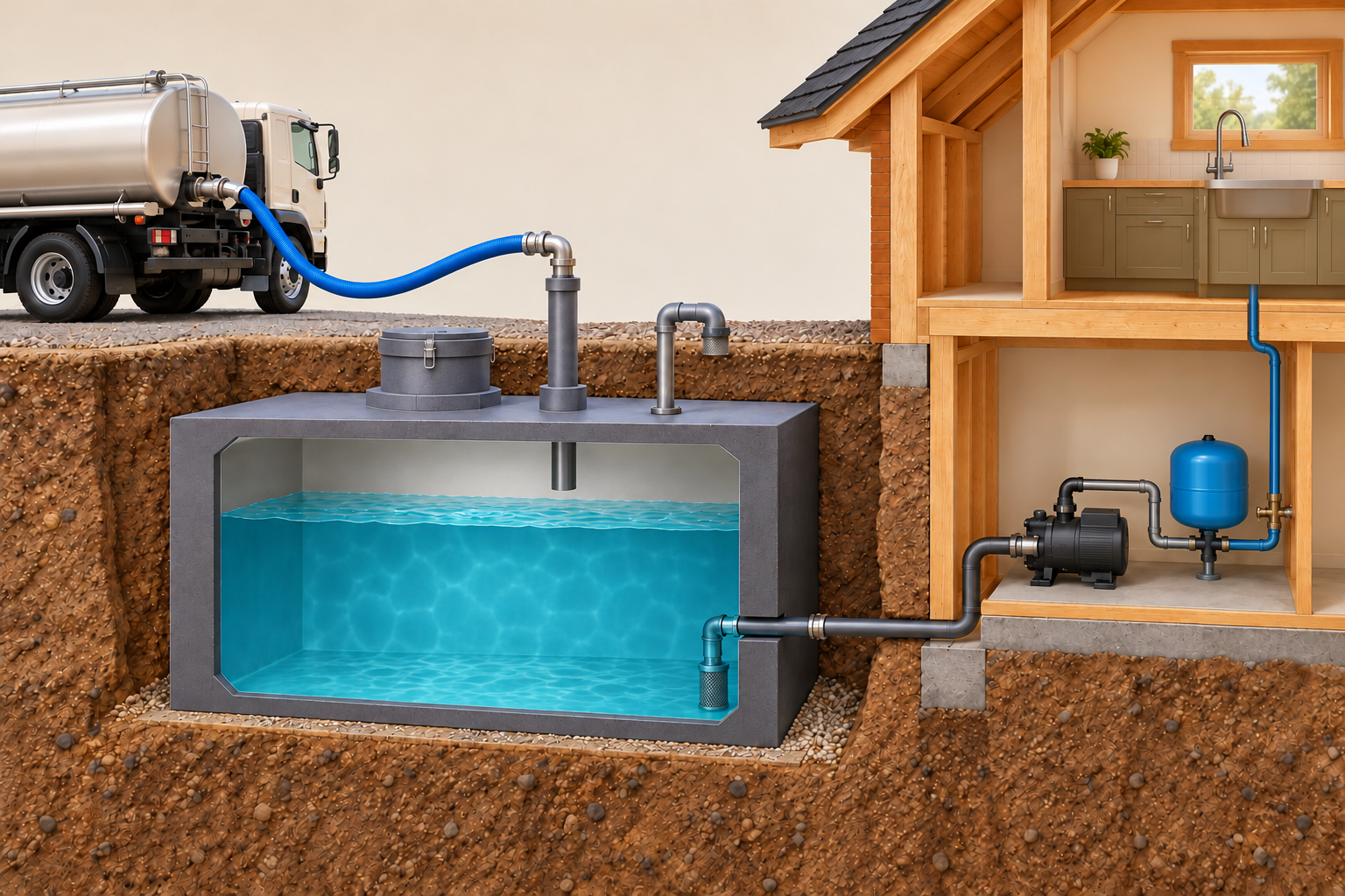 Conceptual truck-to-cistern cutaway with a dedicated fill connection, separate closed service hatch and screened vent. A separate withdrawal line feeds the house pump and branch-connected pressure tank; the blue onward line enters a closed kitchen cabinet below a separately depicted faucet. Final fixture and drain connections are concealed.