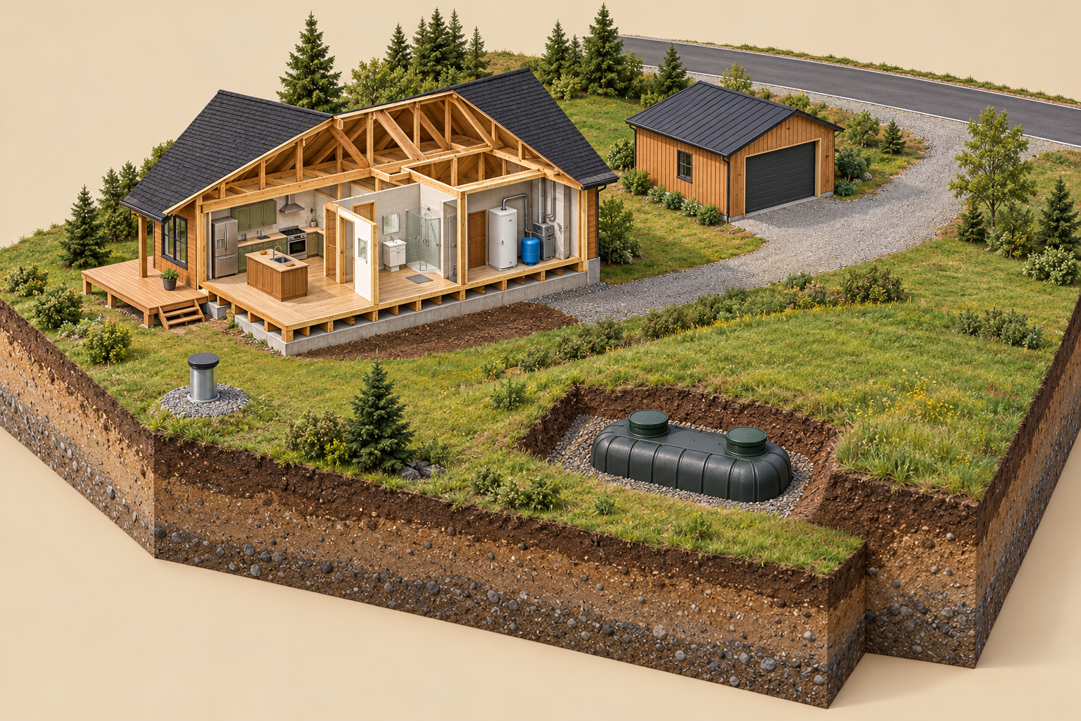 Conceptual timber-house cutaway with a detached workshop, gravel drive, capped water-source landmark and closed buried tank. Connecting supply and wastewater routes and receiving ground are not drawn.