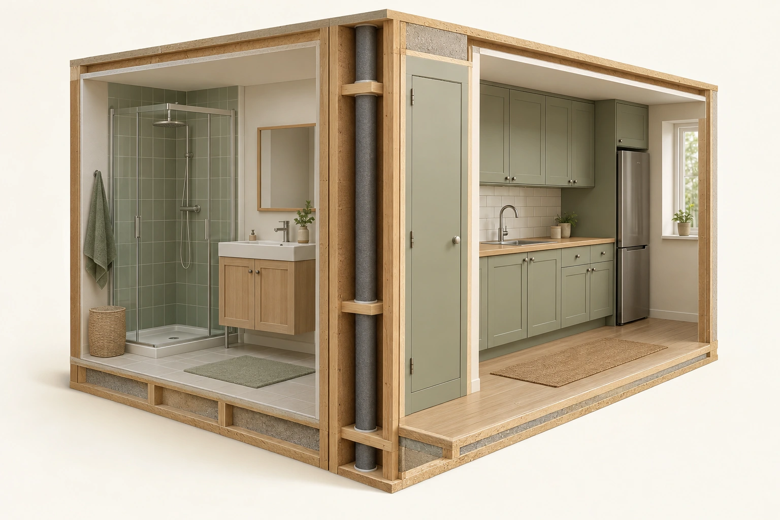 Single-level teaching cutaway with a shower and vanity on one side, kitchen sink and cabinets on the other, and a closed central service cupboard beside a visible insulated vertical form.