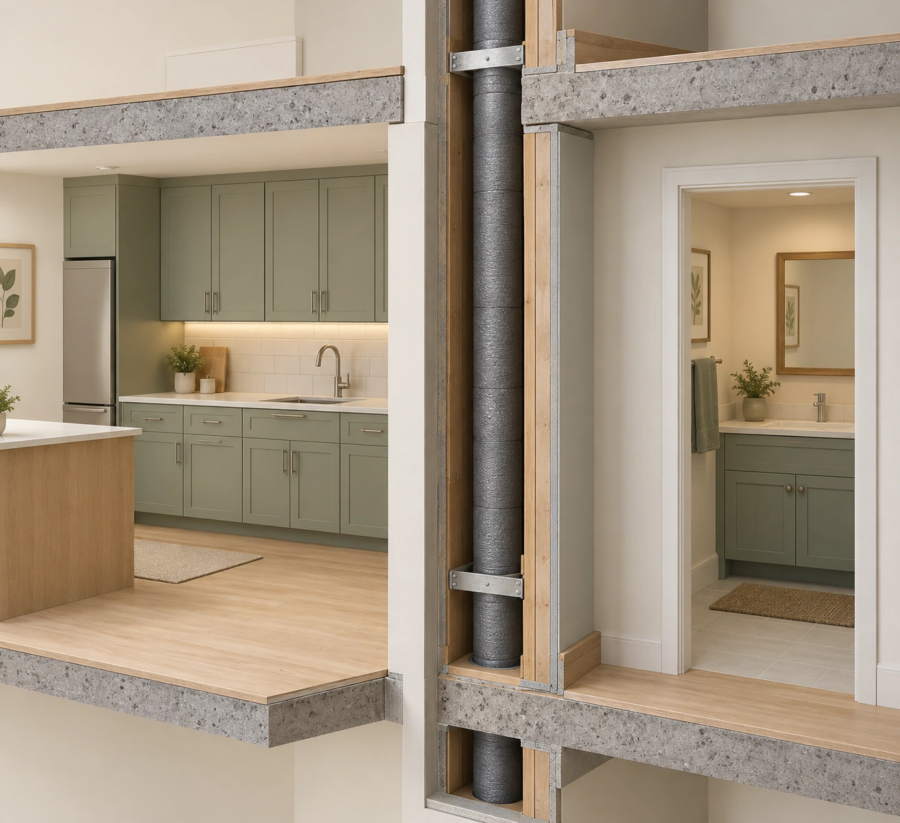 Apartment teaching section with an insulated vertical pipe in an exposed central shaft, visible floor slabs and timber edges, finished kitchen and bathroom on either side.