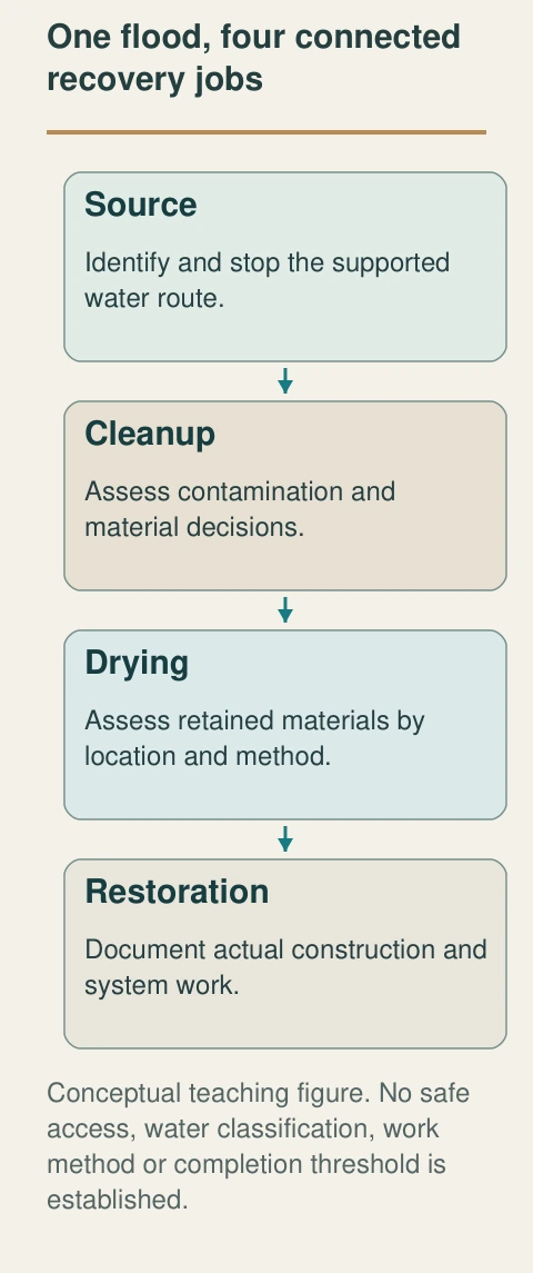 Stopping the source limits new water. Cleanup addresses affected materials; drying assesses retained assemblies; restoration repairs the resulting construction. Each job keeps its own completion evidence.