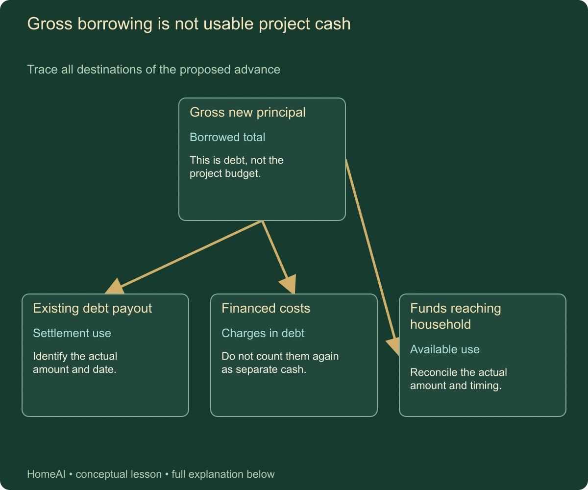 Gross borrowing is not usable project cash. Trace all destinations of the proposed advance. Complete labels and relationships follow in static text.