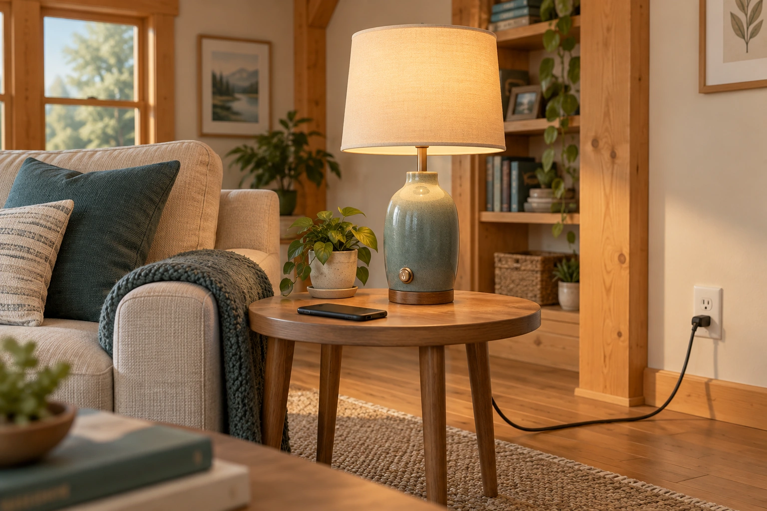 The lit lamp has a visible physical control and a cord reaching the wall; a phone lies aside. A supported ordinary control can be part of the actual convenience fallback without relying on an app.