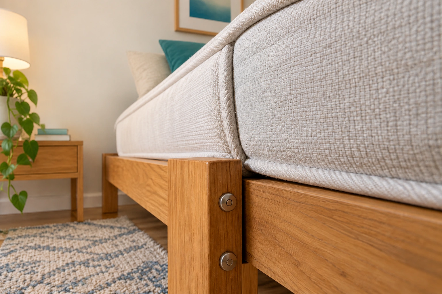 The intact mattress seam and bed-frame joint show small protected interfaces beside the sleeping surface. They help explain why a visible clean top cannot answer every inspection question.