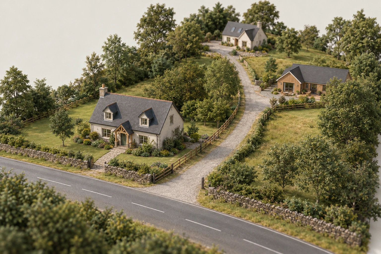 Several homes beside gravel lane joining paved road; no legal boundaries or rights shown.