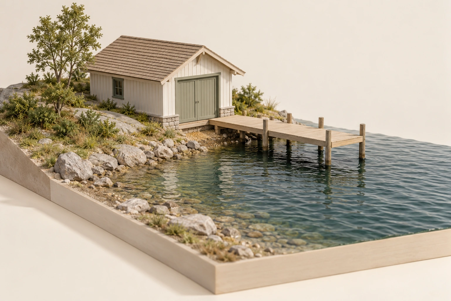 Small closed boathouse, shoreline and dock; no high/low-water boundary, tenure or authorization proof.