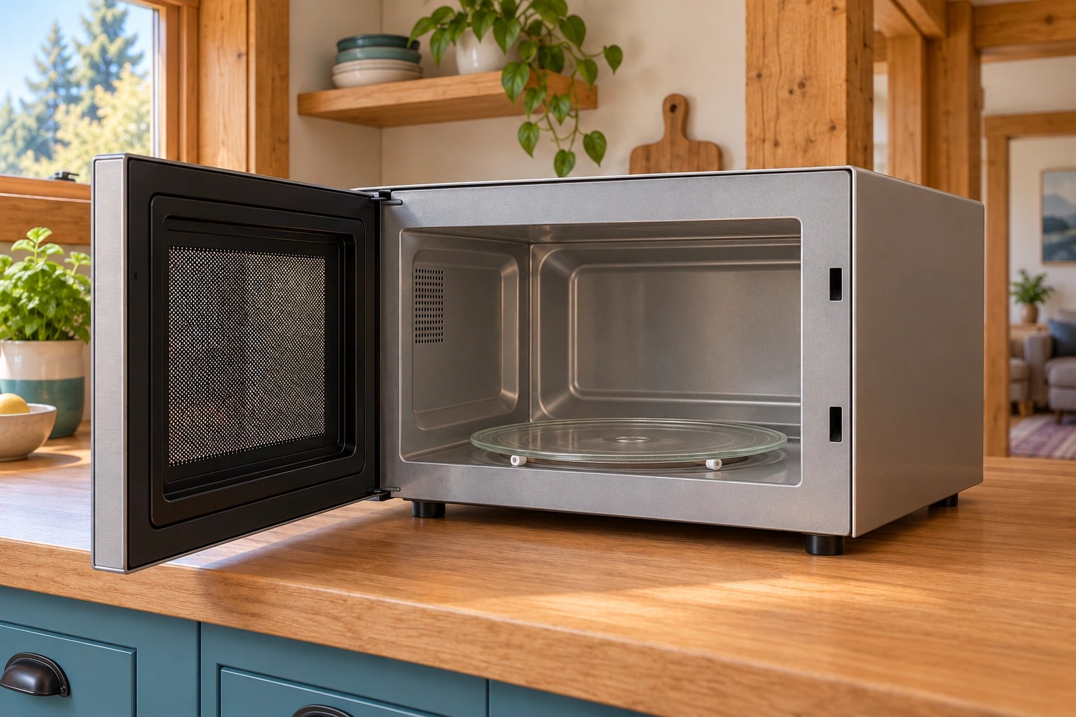 The intact countertop appliance has its door open to an empty cavity and glass tray with roller support. Every outer machinery compartment remains closed; the image identifies user-space landmarks without showing a repair view.