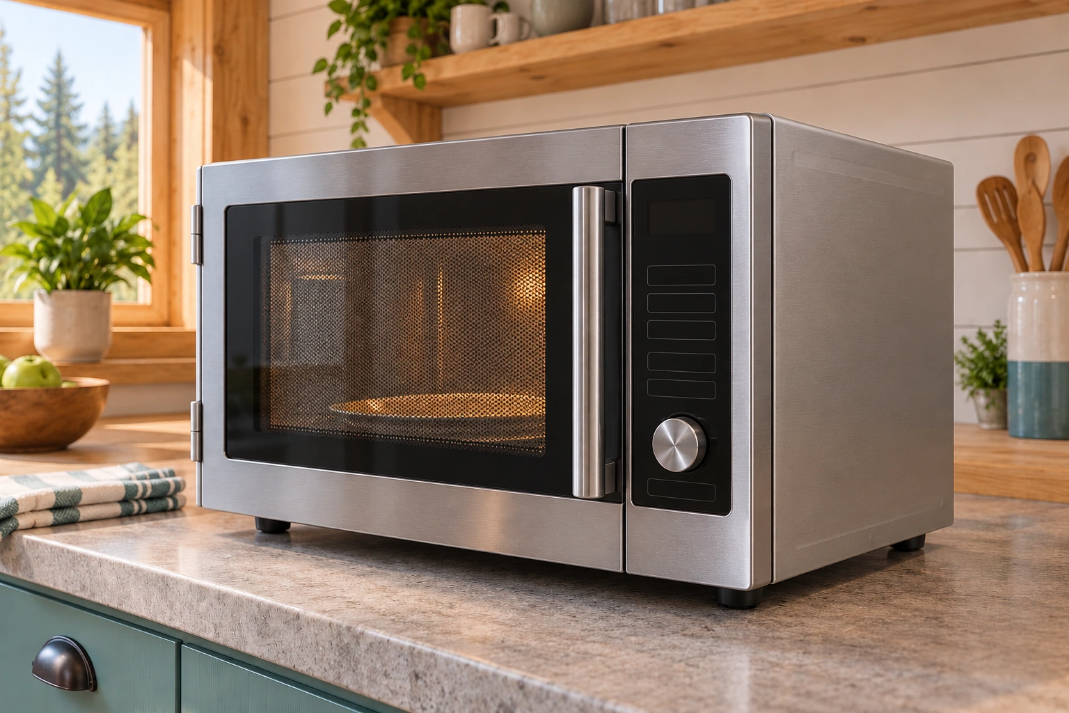 The generic countertop appliance keeps its door closed, with visible frame, mesh window, hinges and handle beside a blank control fascia. Its opaque casing encloses all machinery; no live test or leakage path is illustrated.