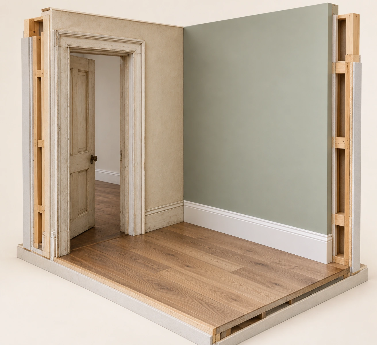 New painted wall/baseboard/floor beside older doorway; generic cutaway margins do not prove hidden drying or remediation.