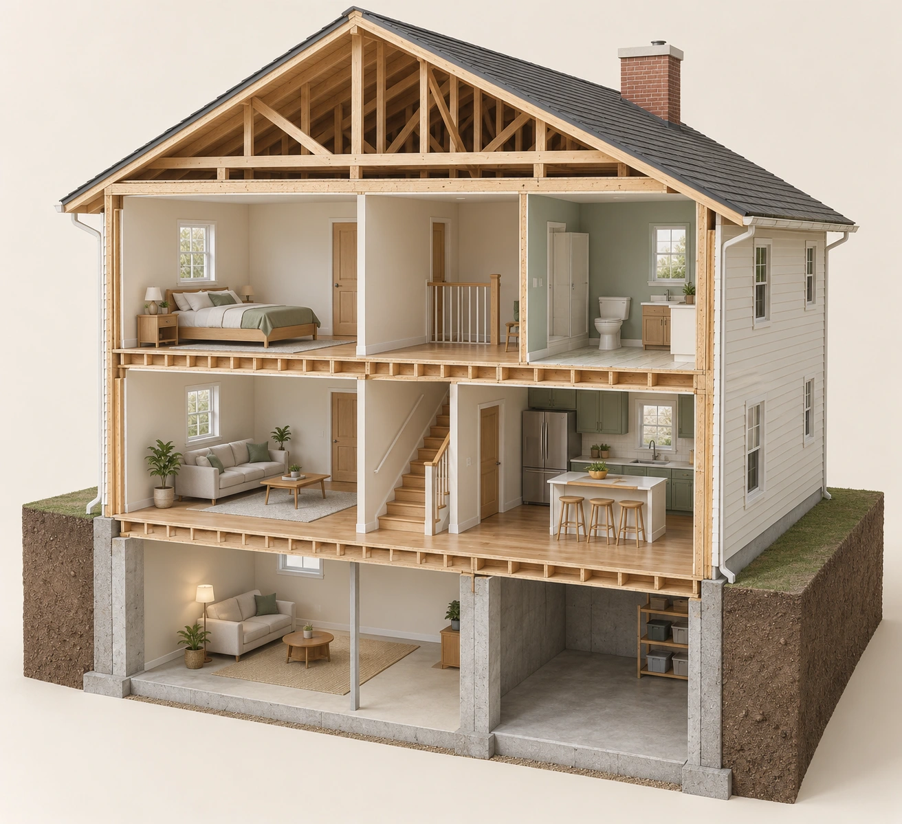 Architectural whole-home cutaway with finished lower room beside a plain storage room; no damage history, drying result or completion certification.
