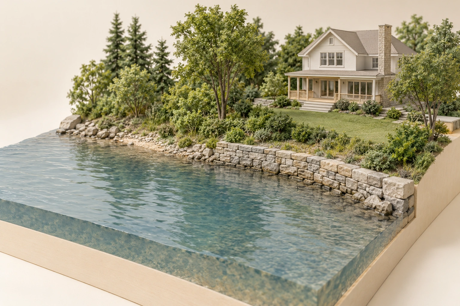 Short stone shoreline edge next to natural vegetated bank, with house inland; no design suitability, permission or performance proof.