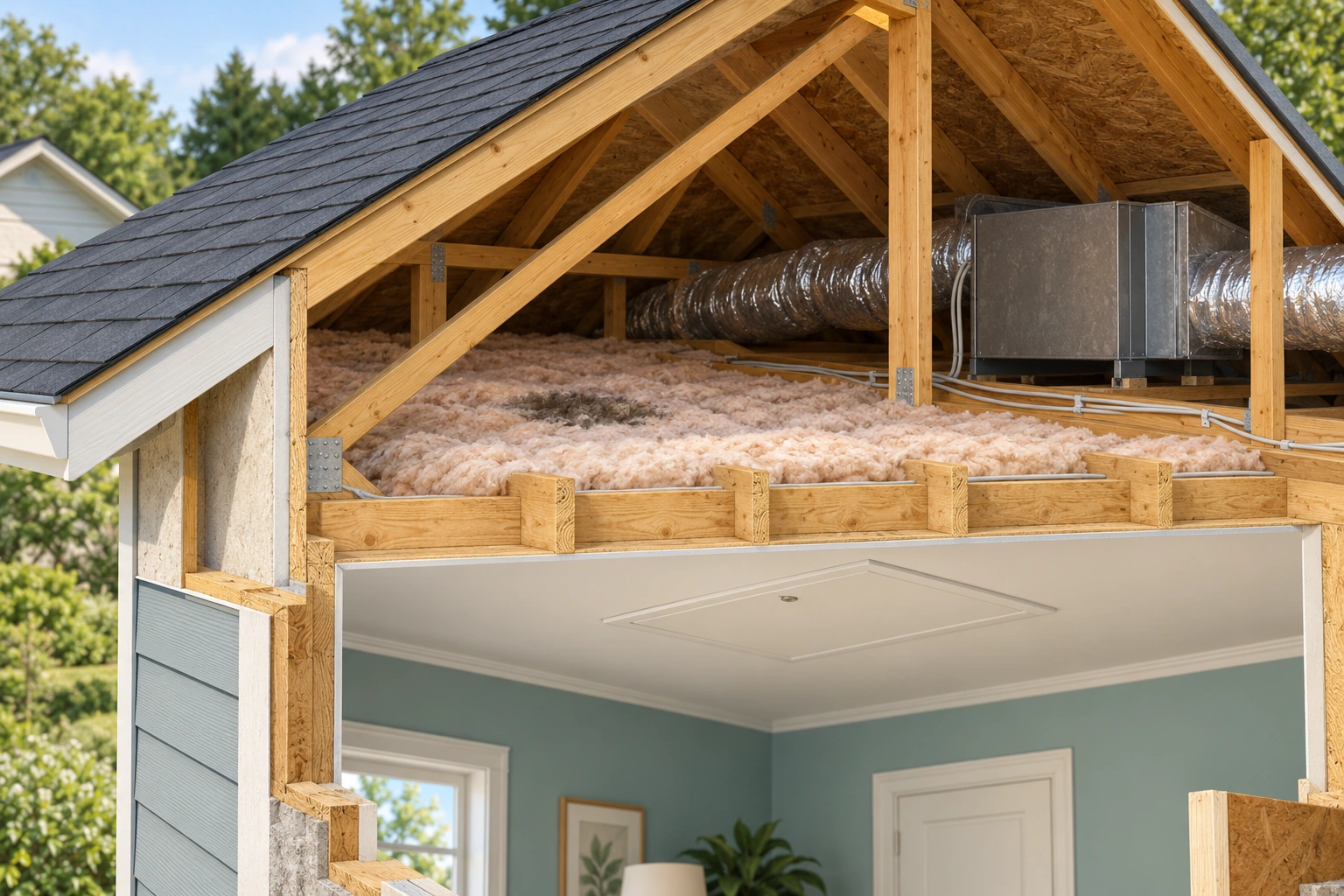 Viewed outside the teaching model, the attic contains insulation, framing and intact ductwork above a closed ceiling hatch. The room below and concealed space are different access and assessment boundaries.
