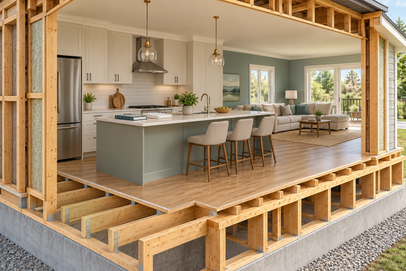 A finished-looking kitchen/living cutaway includes plain binders and blank-cover booklets on the worktop.