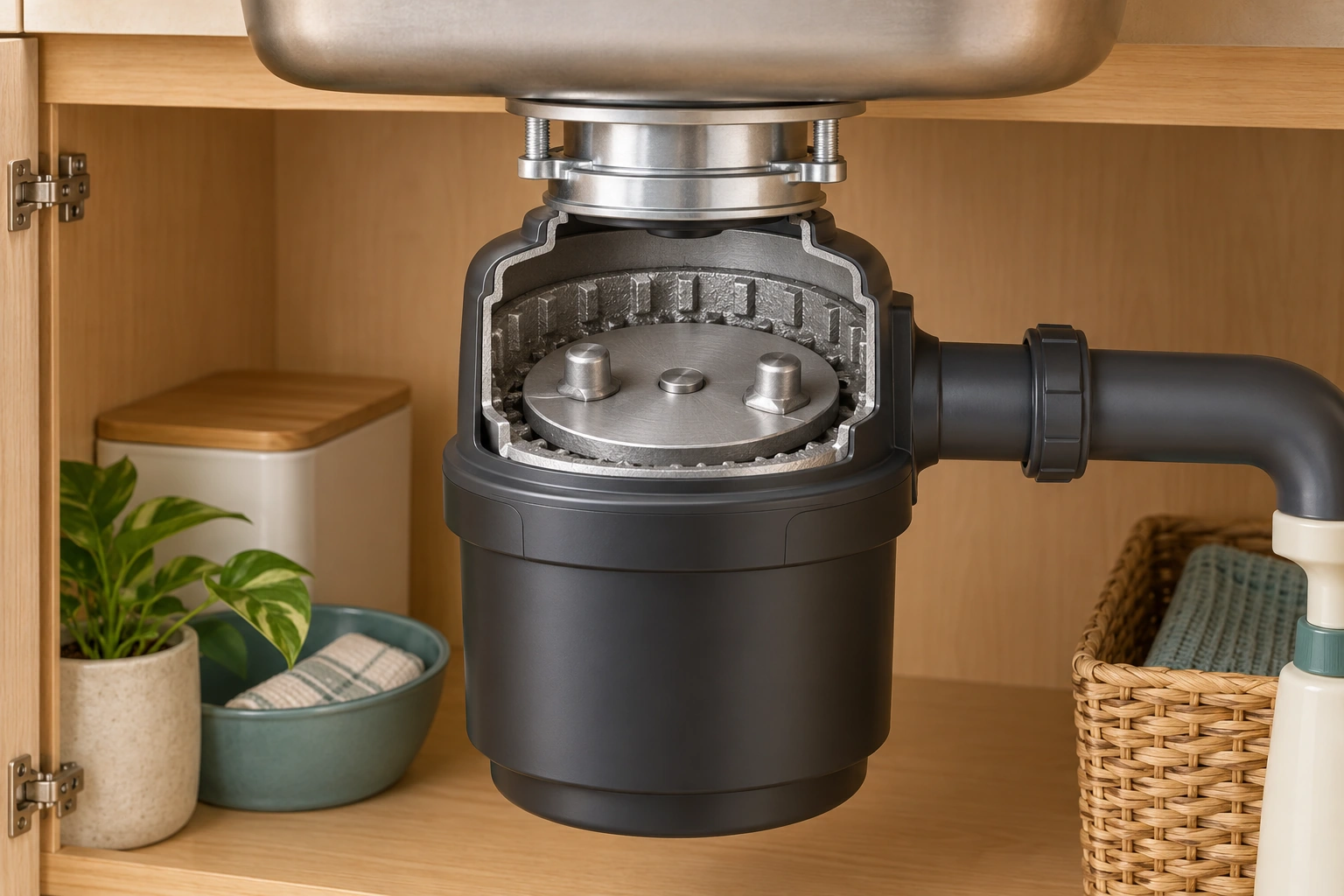 The conceptual upper chamber cutaway beneath a sink shows a horizontal plate, two blunt lugs and a fixed textured ring; the lower motor remains enclosed.