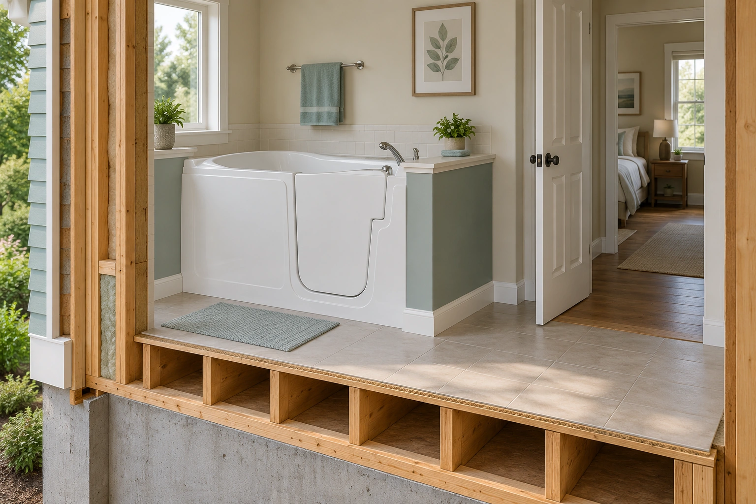 A generic tub with a closed side door sits beside an open room doorway, with dry surfaces and building cut edges visible.