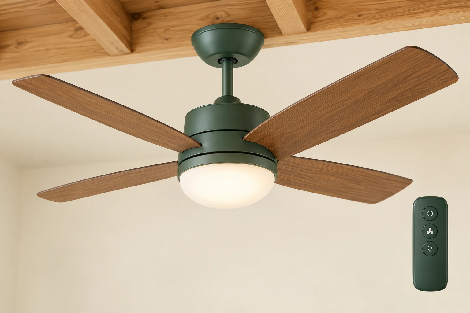 Intact ceiling fan close-up with a closed canopy, short rod, closed motor housing, timber blades, an opal light and a separate generic remote with function symbols.