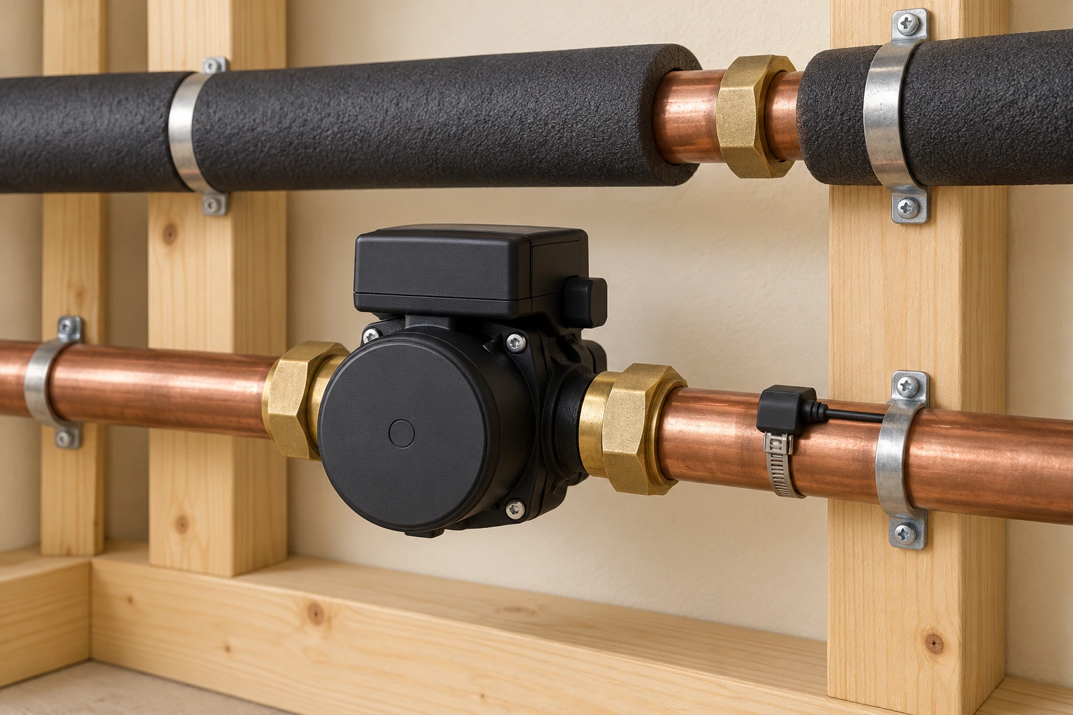 Closed dark circulator on a copper pipe, with a separate externally attached probe and cable to its right; an insulated pipe is shown above.