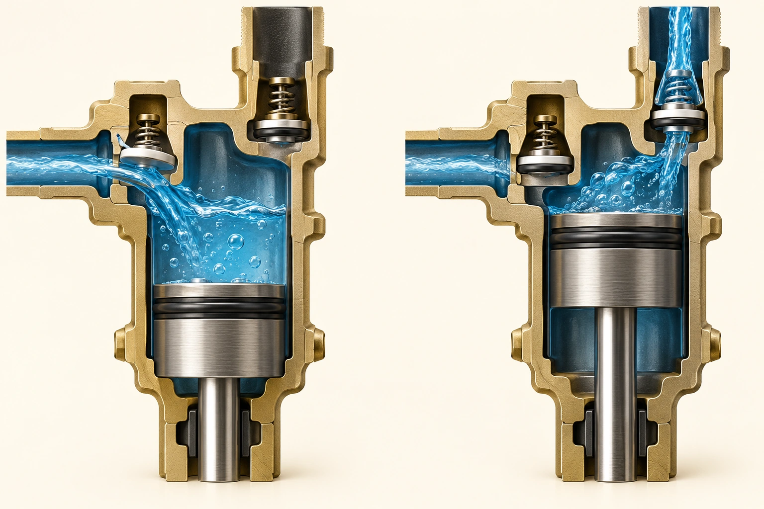 Two conceptual pump sections show a larger filling chamber and a smaller delivering chamber with opposite inlet and outlet valve states.