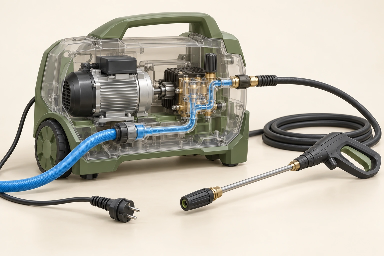 A translucent pressure-washer housing reveals a motor and pump beside supply and pressure hoses, with a gun and unplugged conceptual plug.