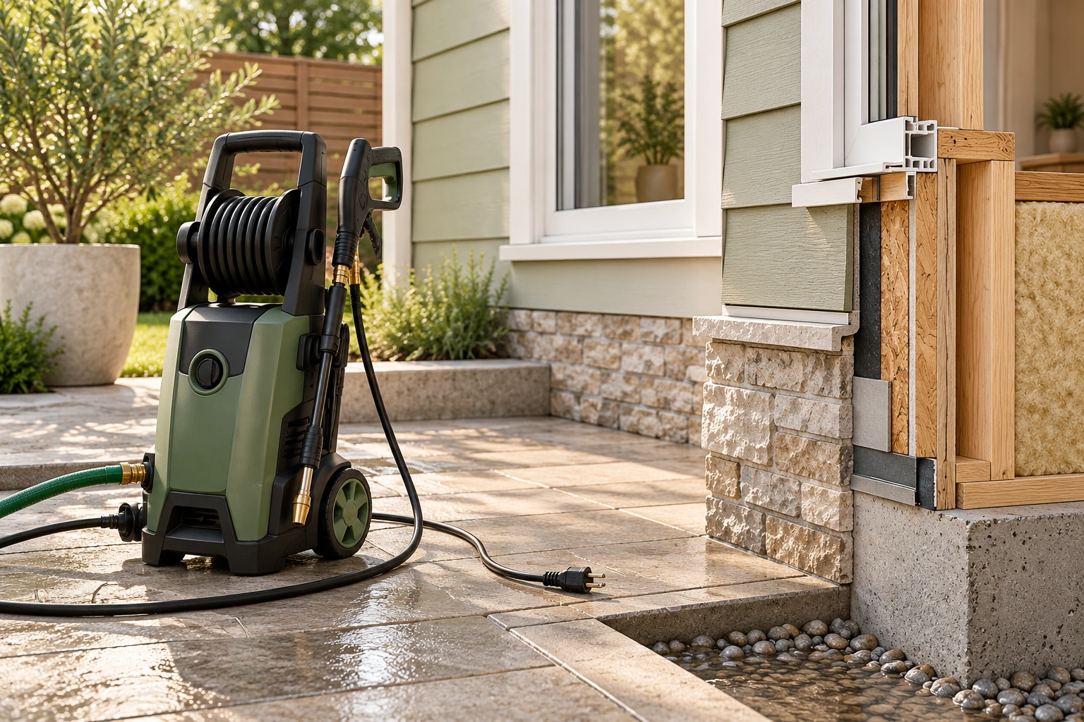 An out-of-use pressure washer and unplugged cord stand near wet paving beside a conceptual wall-and-window section.
