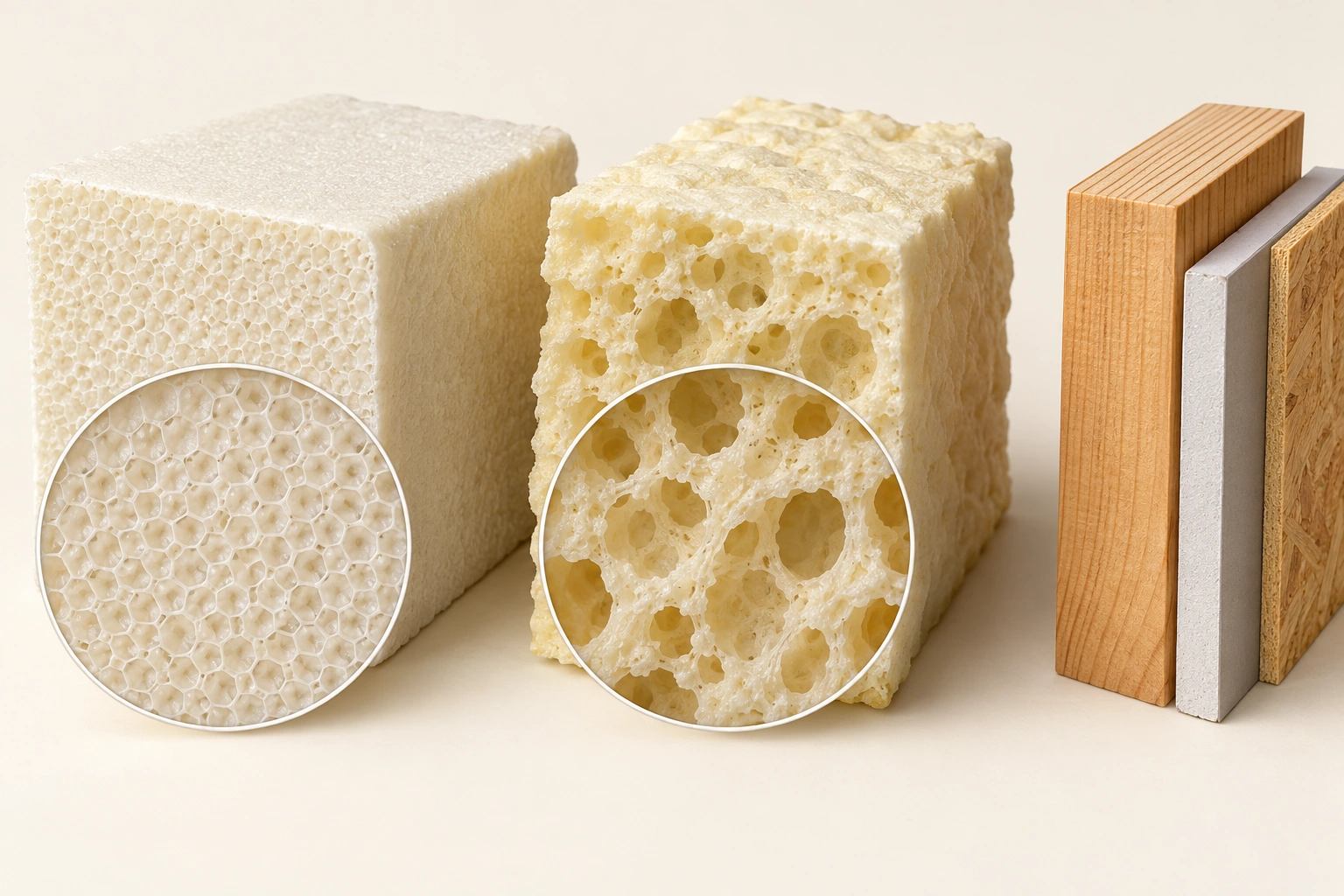 Cell structure is a material question before it is a wall question. Two separate stylized foam offcuts show contrasting fine enclosed-looking cells on the left and larger connected-looking voids in the centre. Circular enlargements emphasize the conceptual textures; separate wood and board offcuts stand to the right.