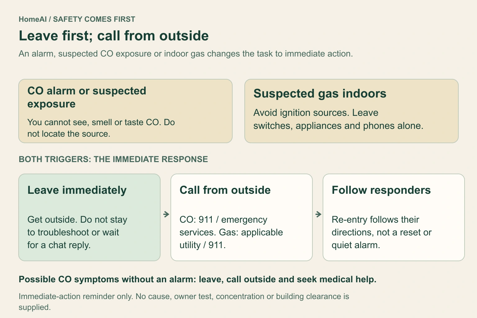 A labelled decision diagram has separate starting conditions for a carbon monoxide alarm or suspected exposure and suspected gas indoors. Both lead to leaving immediately, calling from outside and following the responding professionals. A separate note warns against ignition sources when gas is suspected. No alarm test, gas concentration or clearance result is drawn.