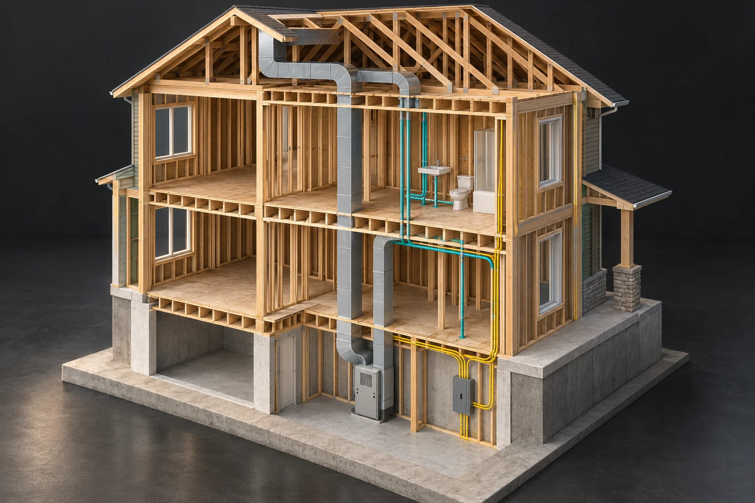 Conceptual house skeleton with grey ducts, teal supply routes and yellow conduits from closed equipment
