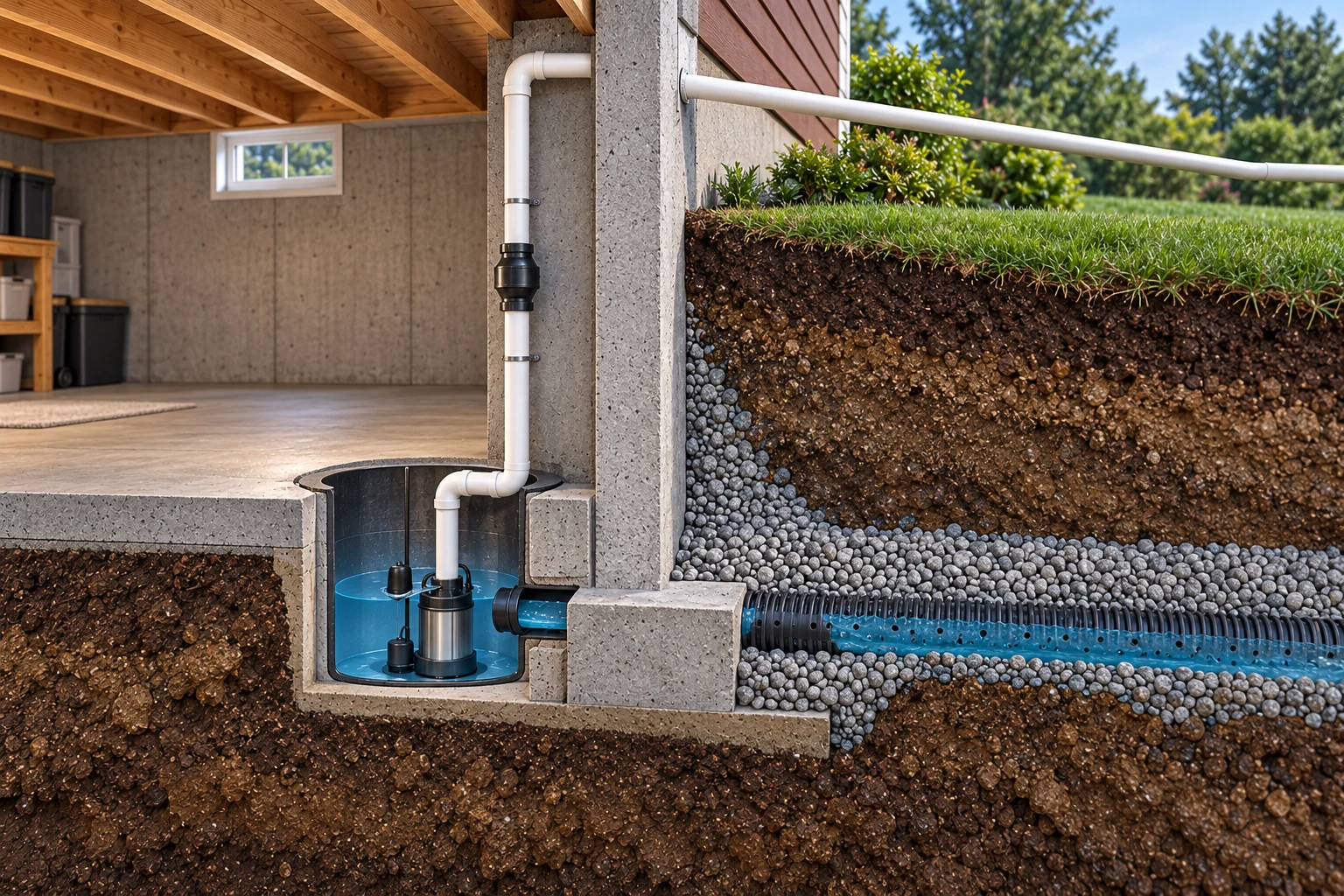 Conceptual exterior foundation cutaway showing a lower collection drain and inlet leading to the sump, and a separate higher pump discharge continuing away beyond the picture.