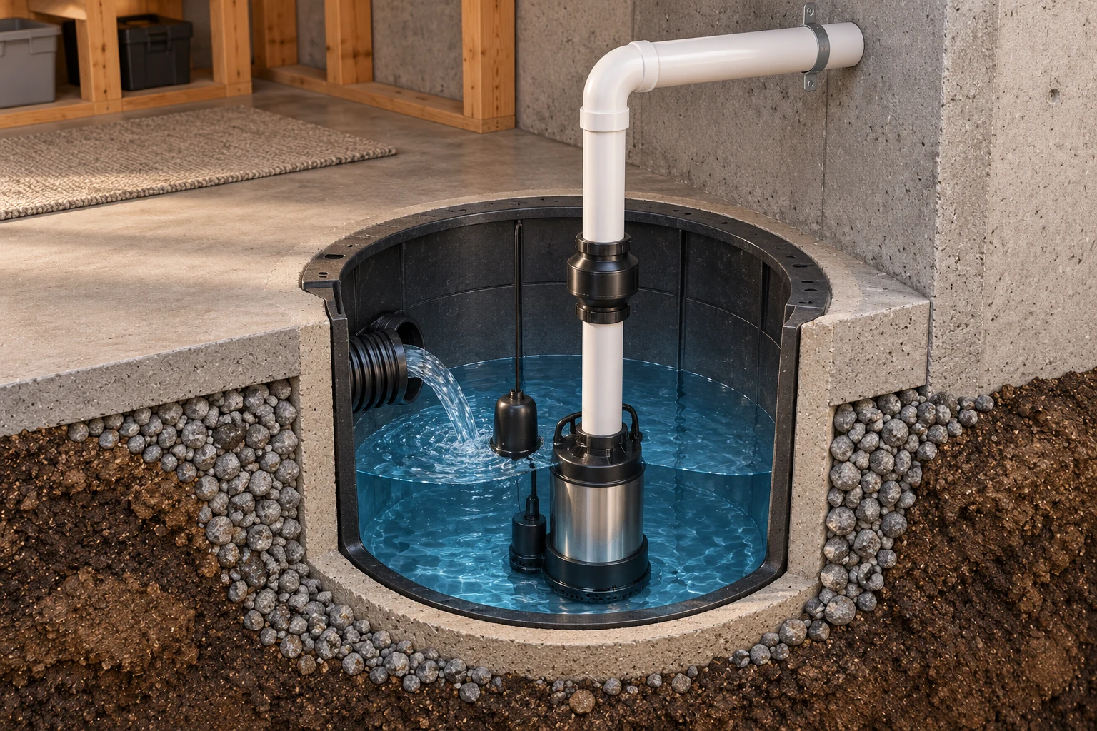 Conceptual closer angled cutaway of a groundwater sump basin showing its side inlet, water surface, float, pump and separate discharge riser.