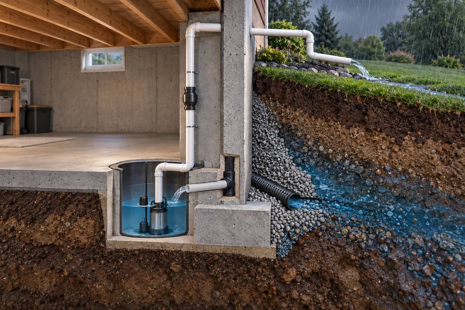 Conceptual house section with wet exterior soil, a buried drain and a below-floor basin beside a dry basement; a pump connects to a rising discharge.