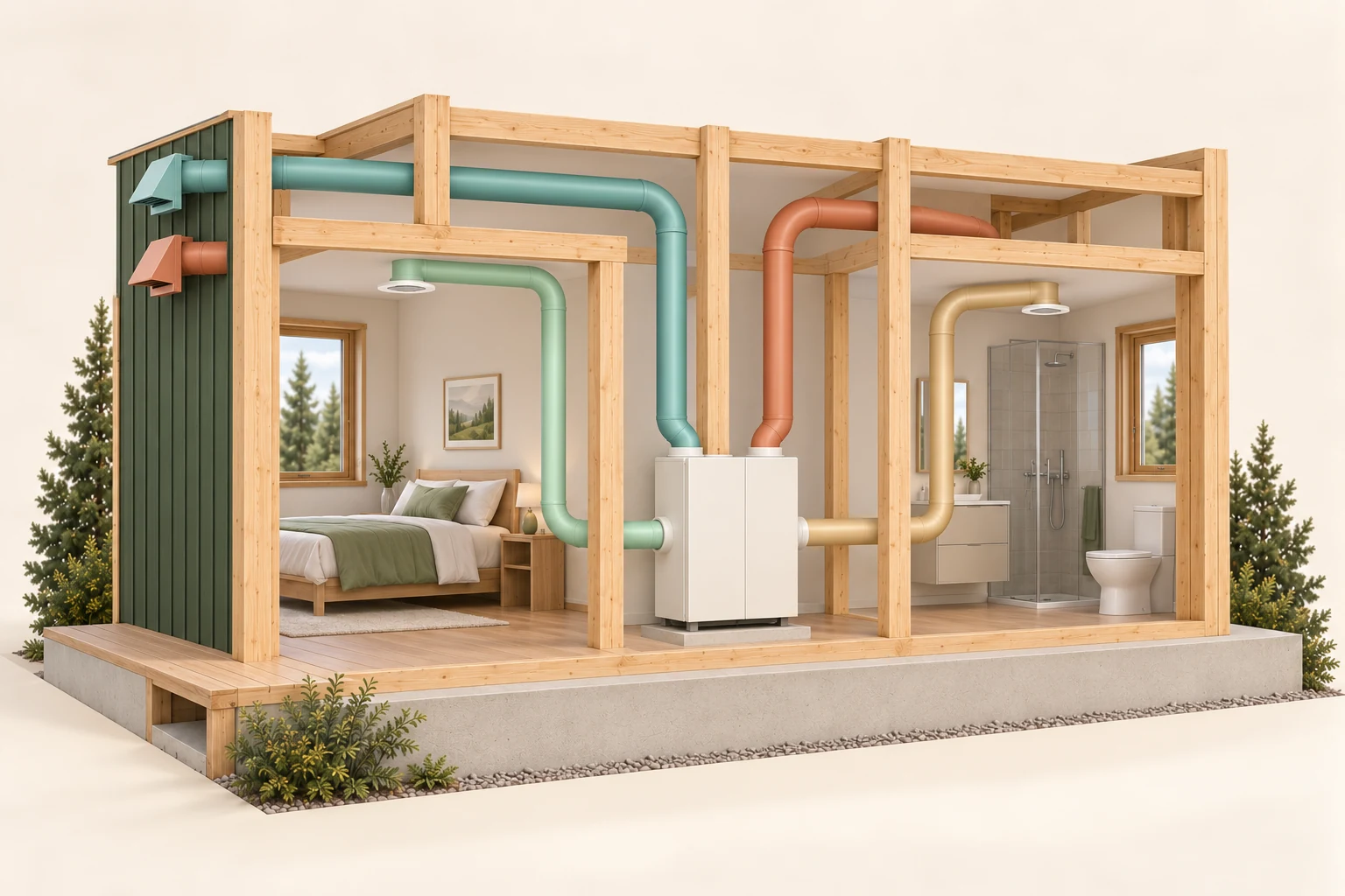 Conceptual timber-frame room cutaway with a closed ventilation cabinet, two outdoor hoods and separately coloured connections to indoor grilles.