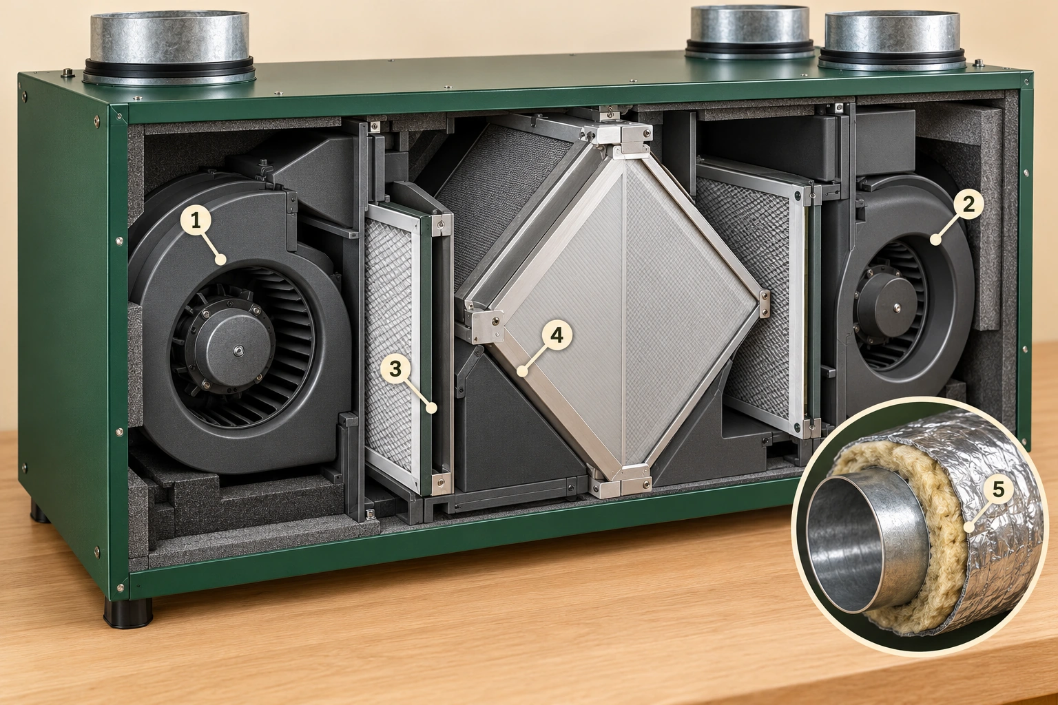 Cutaway showing a recovery core, the two airflow fans, fitted filters and an insulated exterior duct.