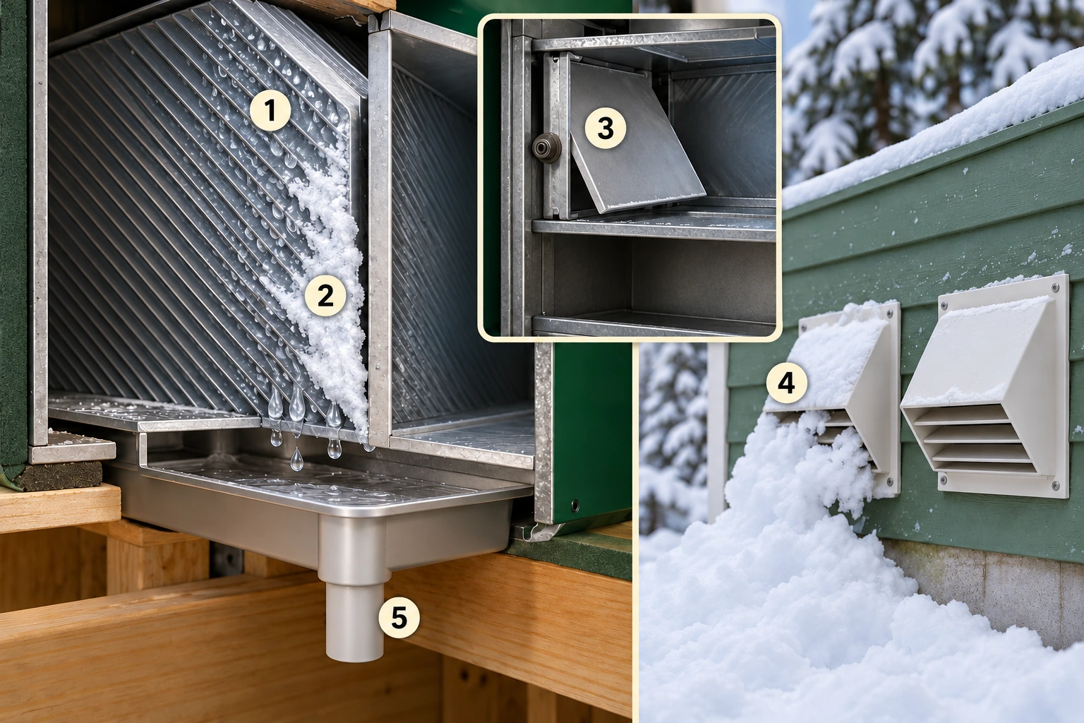Three conceptual recognition views show condensate and frost on a cold recovery surface, a damper component, and snow obstructing an outdoor opening.