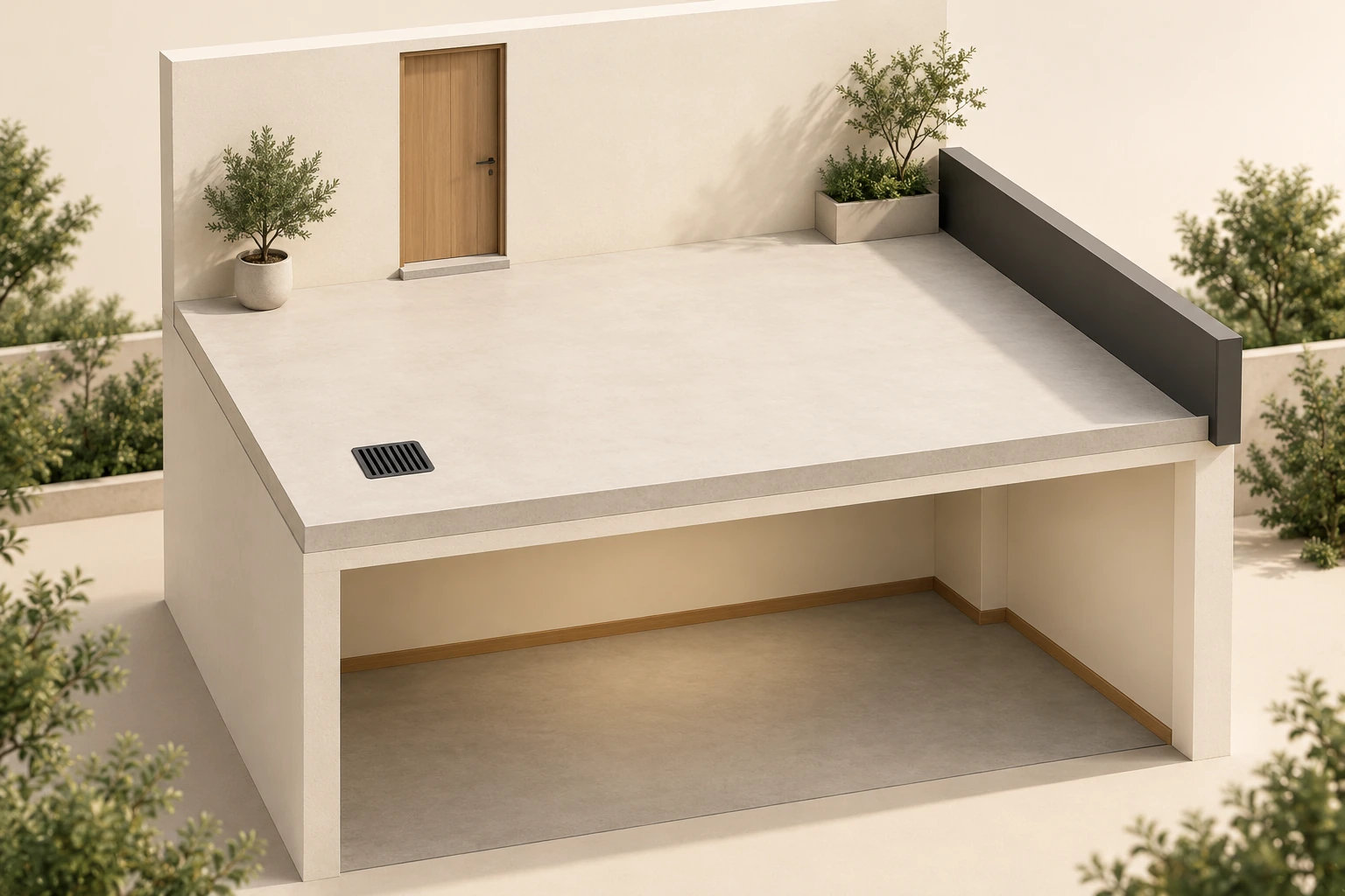 Conceptual terrace over an enclosed room with a closed doorway and threshold, a dark grate-like landmark and an opaque edge wall, with all concealed connections omitted