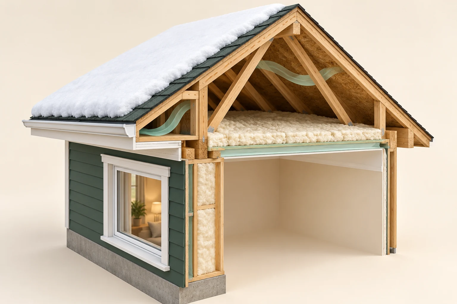 Conceptual 3D winter house corner showing snow above a partial roof, exposed attic framing, ceiling insulation, mint air ribbons and a window.